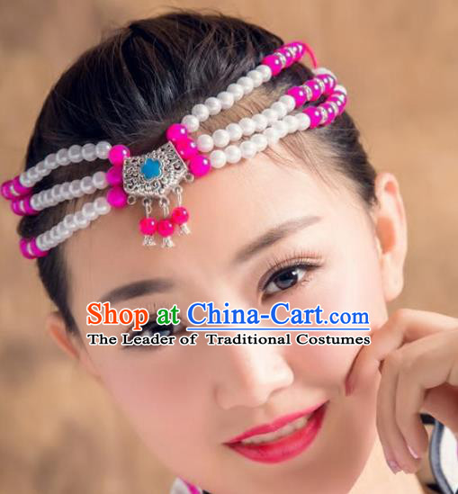 Traditional Chinese Mongol Nationality Handmade Hair Accessories, Mongolian Minority Rosy Beads Headwear for Women