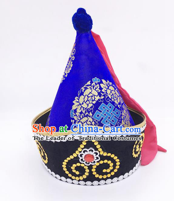 Traditional Chinese Mongol Nationality Prince Royalblue Hat, Mongolian Minority Dance Hats for Men