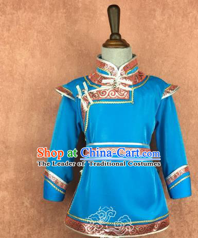 Traditional Chinese Mongol Nationality Costume, Mongolian Folk Dance Blue Robe Clothing for Kids