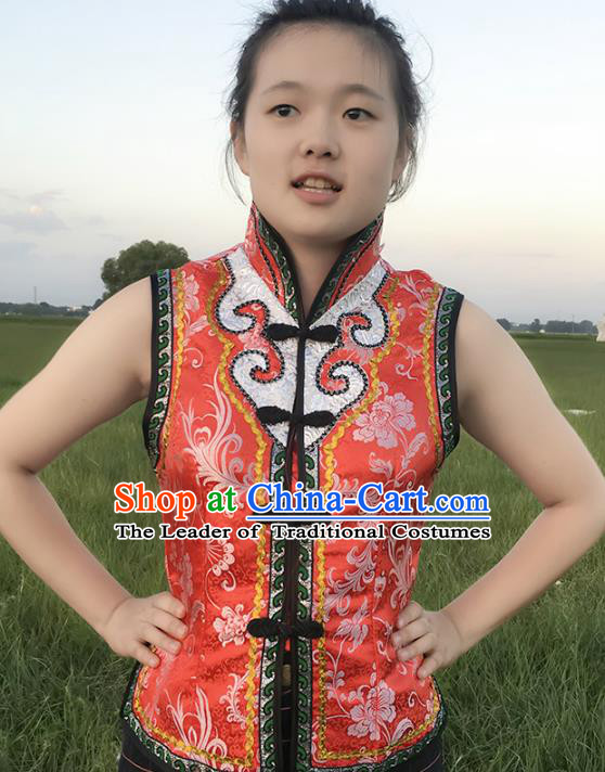 Chinese Mongol Nationality Ethnic Costume Red Vests, Traditional Mongolian Folk Dance Waistcoat for Women