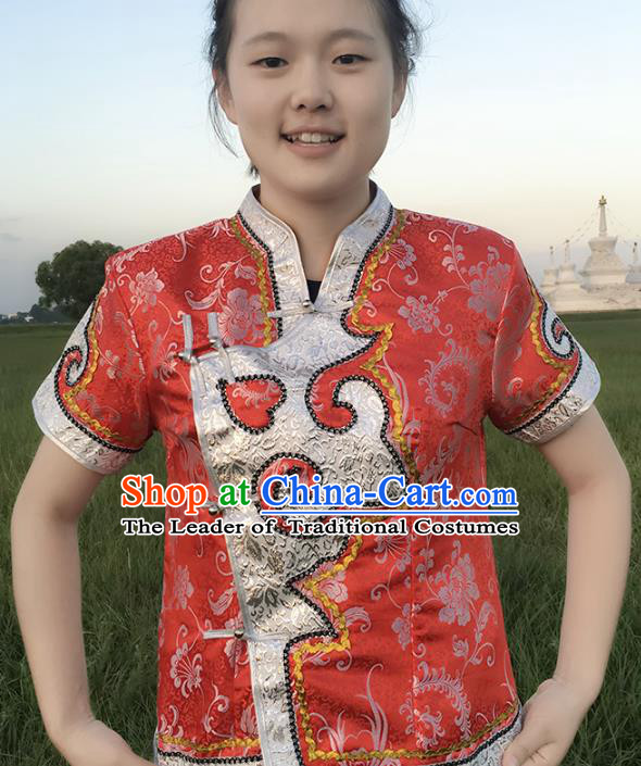 Chinese Mongol Nationality Ethnic Red Blouse Costume, Traditional Mongolian Folk Dance Waistcoat for Women