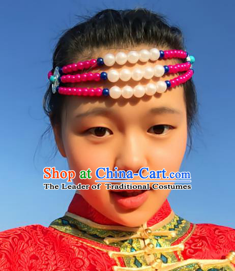 Traditional Chinese Folk Dance Hair Accessories, Mongolian Minority Pink Beads Hair Jewelry Dance Headwear for Women