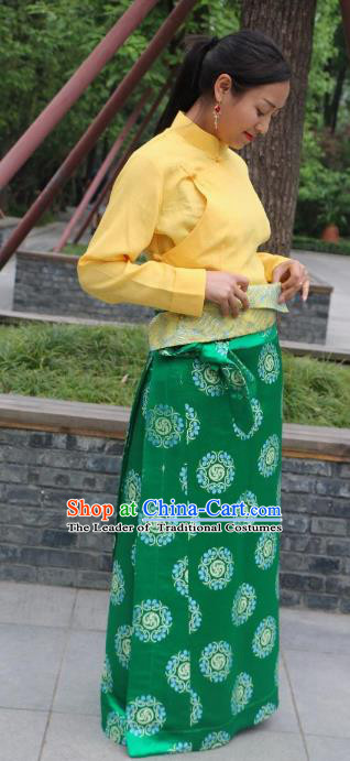 Chinese Traditional Minority Dance Costume Zang Nationality Green Brocade Skirt for Women