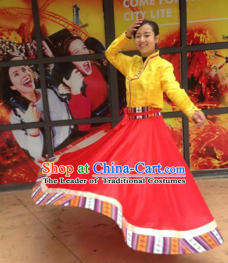 Chinese Traditional Minority Dance Costume Zang Nationality Red Big Swing Skirt for Women