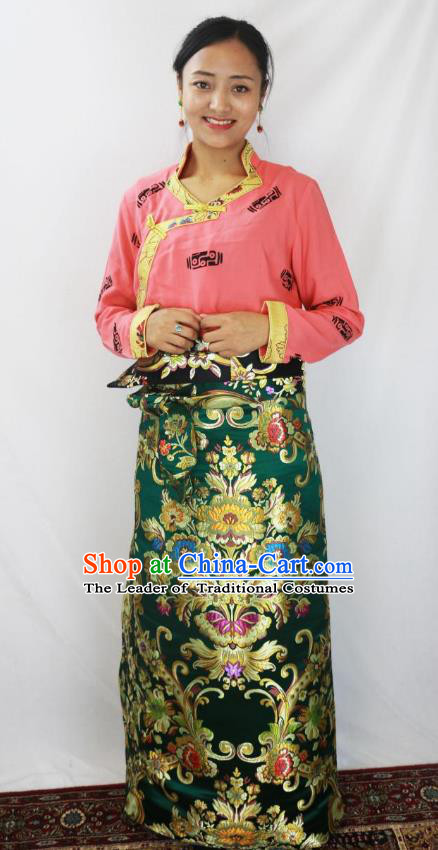 Chinese Traditional Minority Dance Costume Zang Nationality Tibetan Minority Green Skirt for Women