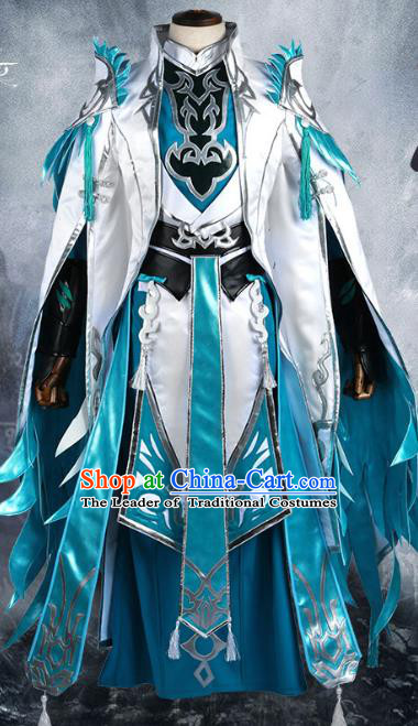 Chinese Ancient Nobility Childe Warrior Costume Cosplay Swordsman Blue Clothing for Men