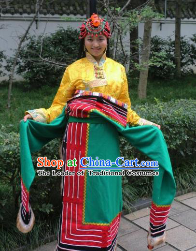 Chinese Traditional Minority Dance Costume Green Tibetan Robe Zang Nationality Clothing for Women