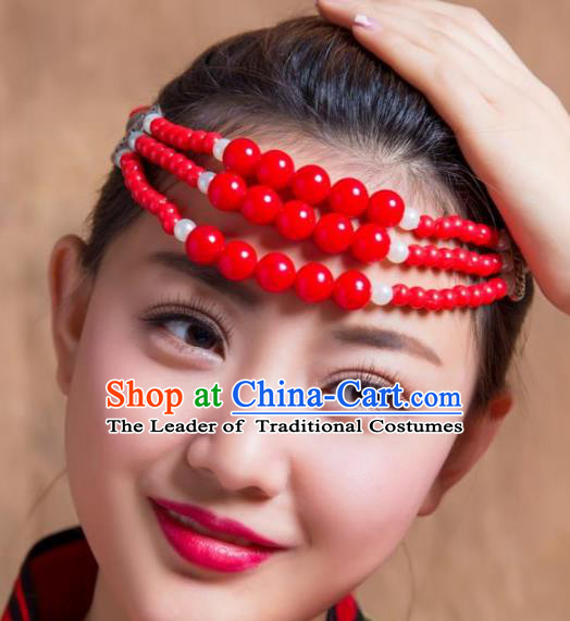 Traditional Chinese Folk Dance Hair Accessories, Mongolian Minority Red Beads Hair Jewelry Dance Headband for Women