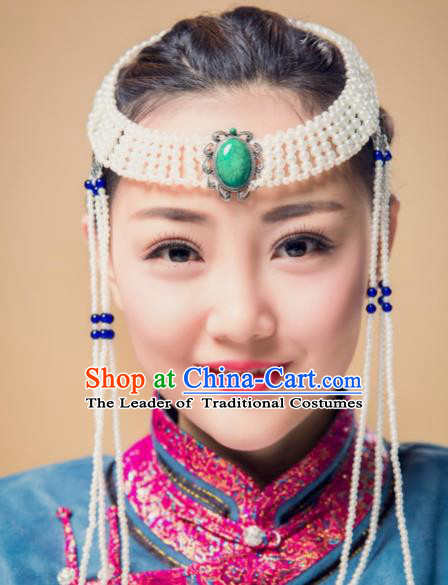 Traditional Chinese Folk Dance Tassel Kallaite Hair Accessories, Mongolian Minority Bride Hair Jewelry Dance Headband for Women