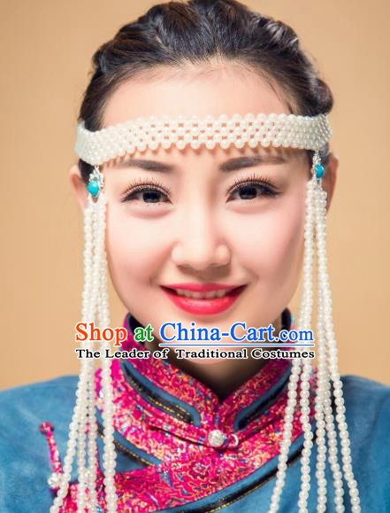 Chinese Traditional Ethnic White Beads Tassel Hair Accessories, Mongolian Minority Folk Dance Headwear for Women