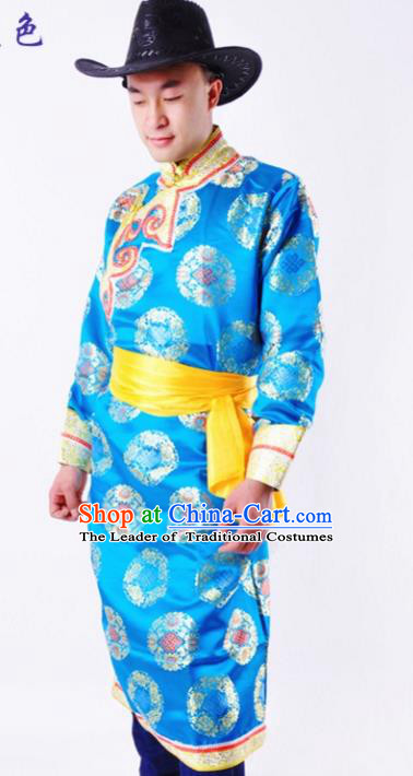 Chinese Mongol Nationality Costume Blue Mongolian Robe Traditional Mongolian Minority Folk Dance Clothing for Men