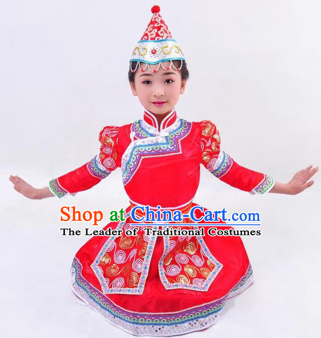 Chinese Mongol Nationality Costume Red Mongolian Robe Traditional Mongolian Minority Dress for Kids