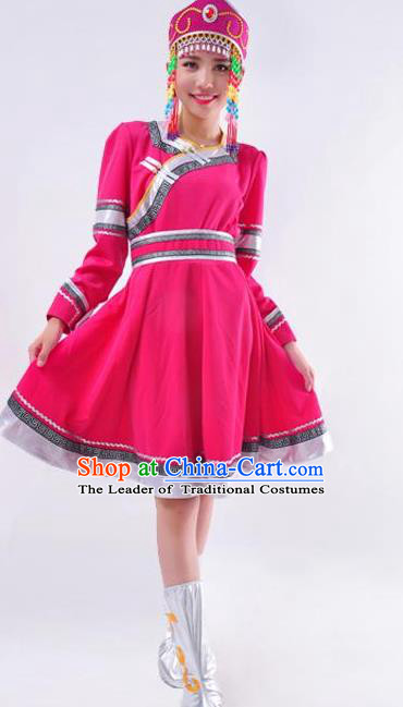 Chinese Mongol Nationality Folk Dance Costume Traditional Minority Rosy Mongolian Dress for Women