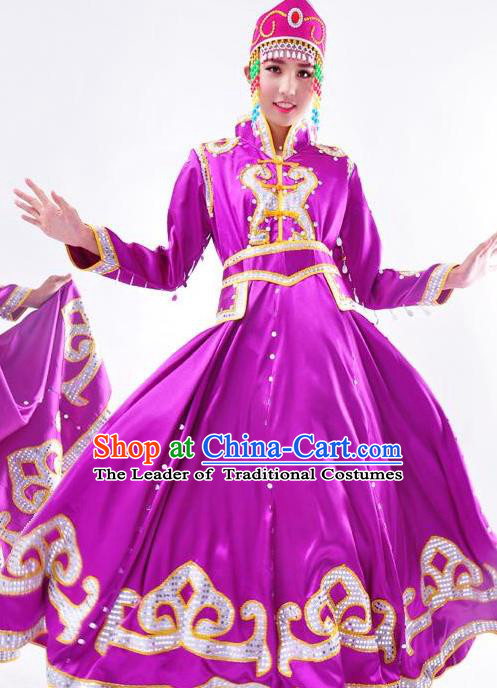 Chinese Mongol Nationality Folk Dance Costume Traditional Mongolian Minority Purple Big Swing Dress for Women