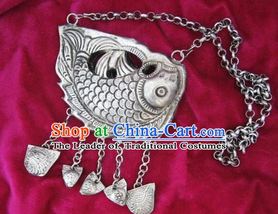 Chinese Miao Nationality Ornaments Sliver Fish Necklace Traditional Hmong Handmade Longevity Lock for Women