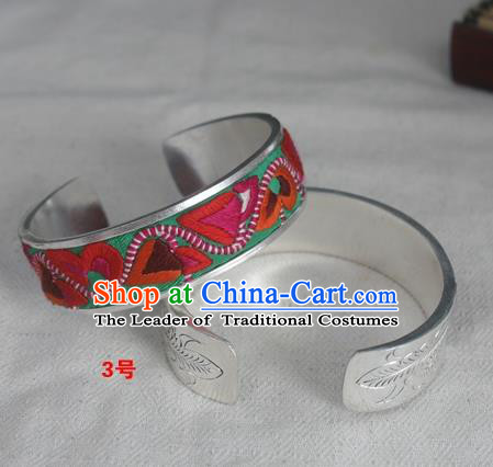 Chinese Miao Nationality Ornaments Sliver Bracelet Traditional Hmong Embroidered Green Bangle for Women