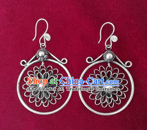 Chinese Handmade Miao Sliver Flower Earrings Hmong Nationality Eardrop for Women