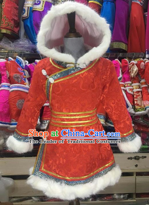 Chinese Traditional Mongol Nationality Girls Red Mongolian Robe, China Mongolian Minority Folk Dance Ethnic Costume for Kids