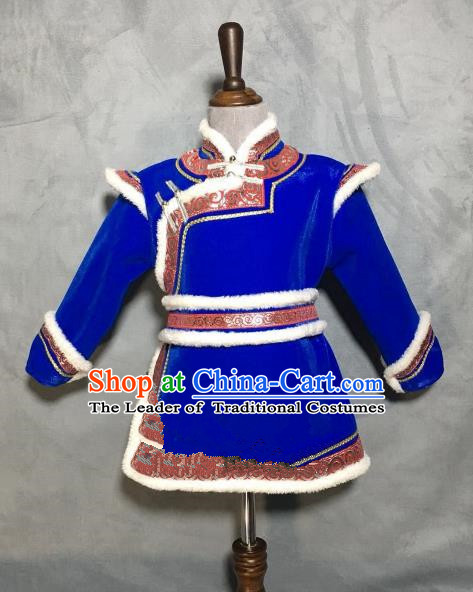 Chinese Traditional Mongol Nationality Boys Royalblue Mongolian Robe, China Mongolian Minority Folk Dance Ethnic Costume for Kids