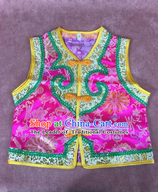 Chinese Traditional Mongol Nationality Pink Vest, China Mongolian Minority Folk Dance Waistcoat Ethnic Costume for Kids