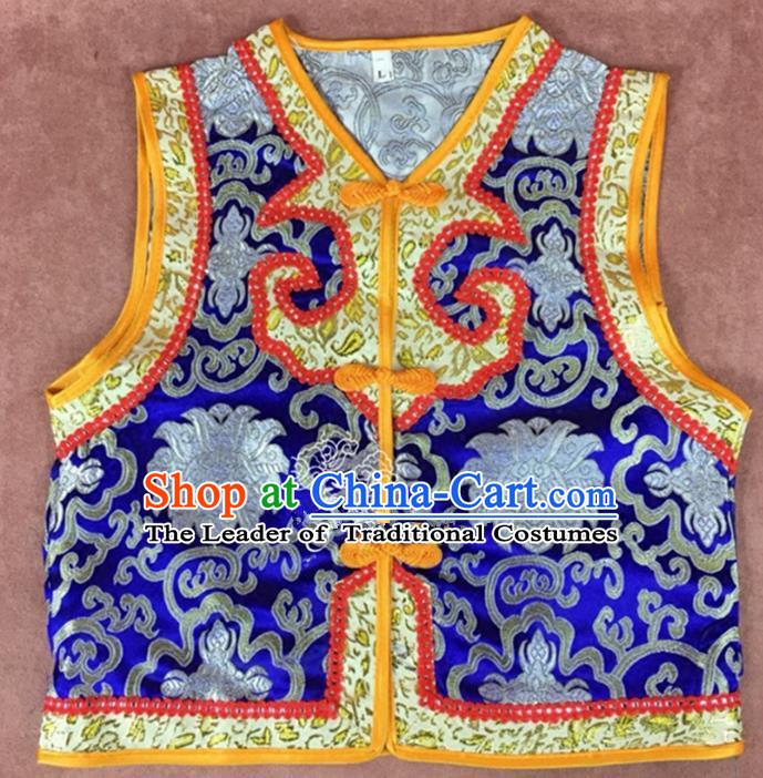 Chinese Traditional Mongol Nationality Royalblue Vest, China Mongolian Minority Folk Dance Waistcoat Ethnic Costume for Kids