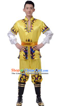 Traditional Chinese Xinjiang Uyghur Nationality Yellow Costume, Uigurian Minority Folk Dance Ethnic Clothing for Men