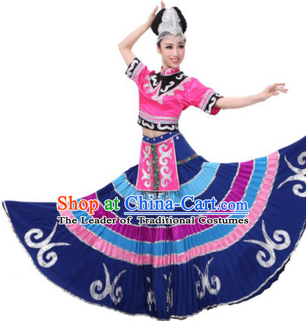 Traditional Chinese Yi Ethnic Dance Dress, China Yi Minority Folk Dance Costume and Headwear for Women