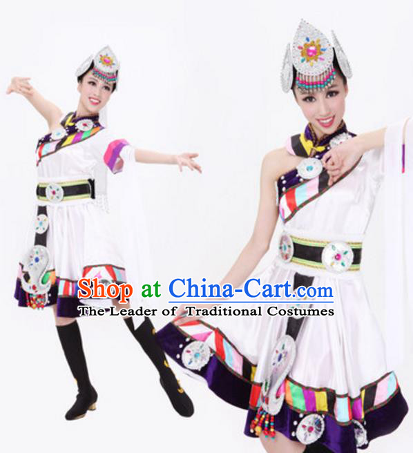 Traditional Chinese Zang Nationality White Dress, Tibetan Minority Folk Dance Ethnic Costume and Headwear for Women