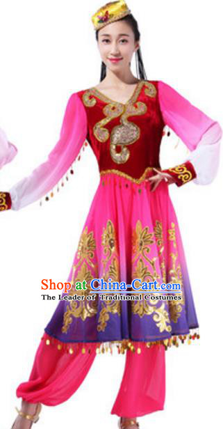 Traditional Chinese Uigurian Ethnic Dance Red Dress, China Uyghur Minority Folk Dance Costume and Headwear for Women