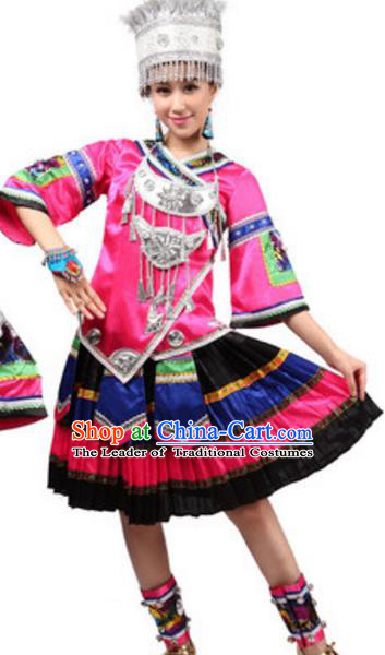 Traditional Chinese Miao Nationality Ethnic Clothing, China Hmong Minority Folk Dance Costume and Headwear for Women