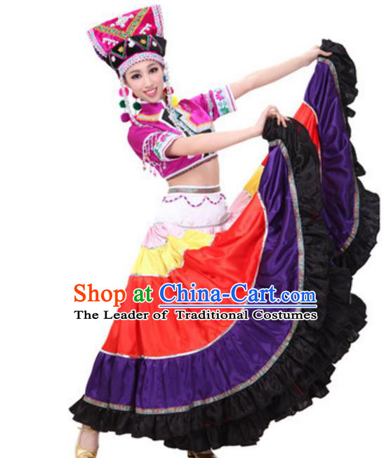 Traditional Chinese Yi Nationality Dance Dress, China Yi Minority Folk Dance Ethnic Costume and Hat for Women