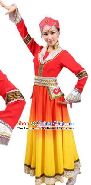 Traditional Chinese Mongolian Nationality Costume, Chinese Mongols Ethnic Dance Red Dress Clothing and Hat for Women