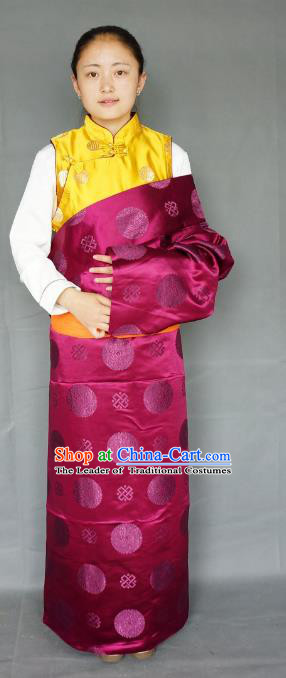 Chinese Traditional Zang Nationality Clothing Wine Red Tibetan Robe, China Tibetan Ethnic Heishui Dance Costume for Women