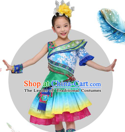 Chinese Traditional Miao Nationality Children Clothing, China Hmong Minority Folk Dance Costume and Headpiece for Kids