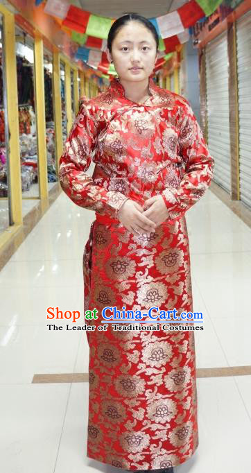 Chinese Traditional Zang Nationality Red Dress Clothing, China Tibetan Ethnic Heishui Dance Costume for Women