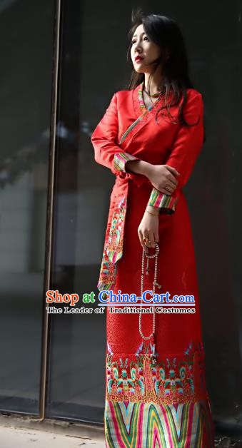 Chinese Traditional Zang Nationality Red Brocade Dress, China Tibetan Dance Costume for Women