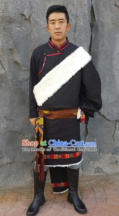 Chinese Traditional Zang Nationality Costume, China Tibetan Ethnic Clothing Black Tibetan Robe for Men