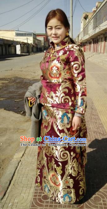 Chinese Traditional Zang Nationality Brocade Costume, China Tibetan Heishui Dance Clothing for Women