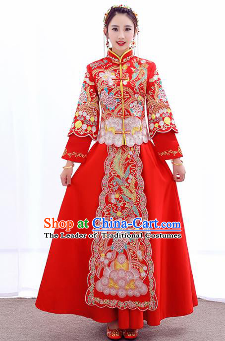 Chinese Traditional Embroidered Peony Wedding Costumes Ancient Longfeng Flown Bride Xiuhe Suits for Women