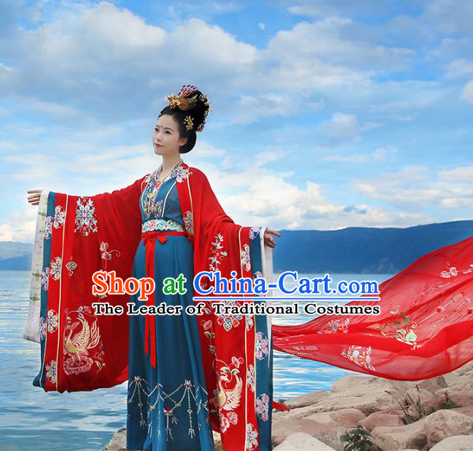 Chinese Ancient Bride Embroidered Costume Tang Dynasty Empress Wedding Hanfu Dress and Headpiece Jewelry for Palace Women