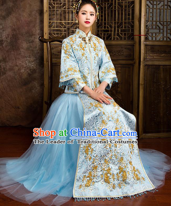 Traditional Chinese Bridal Costumes Ancient Bride Wedding Embroidered Beading Blue XiuHe Suit for Women