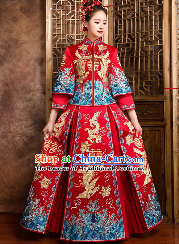 Traditional Chinese Bridal Costumes Ancient Bride Wedding Embroidered Red XiuHe Suit for Women