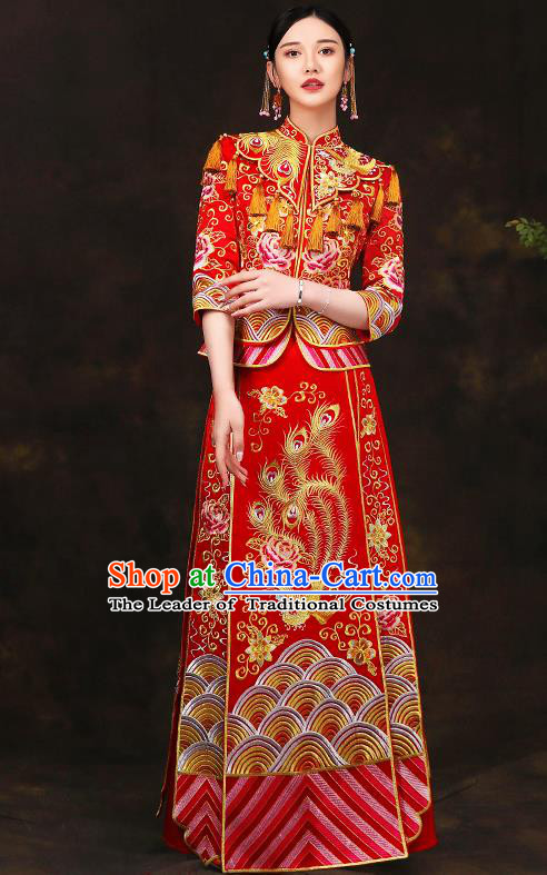 Traditional Chinese Style Female Wedding Costumes Ancient Embroidered Full Dress Red XiuHe Suit for Bride