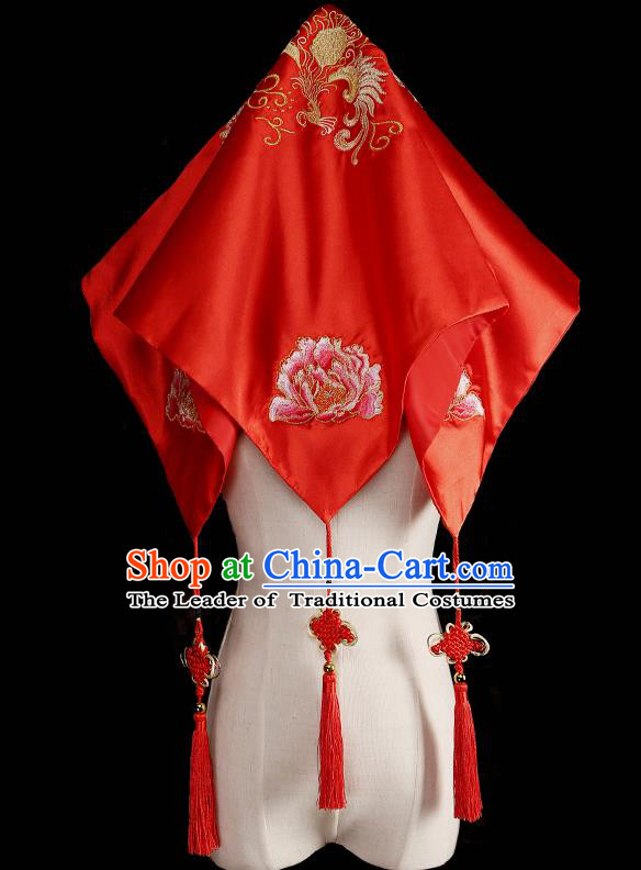 Traditional Chinese Wedding Hair Accessories Ancient Embroidered Red Bridal Veil for Bride