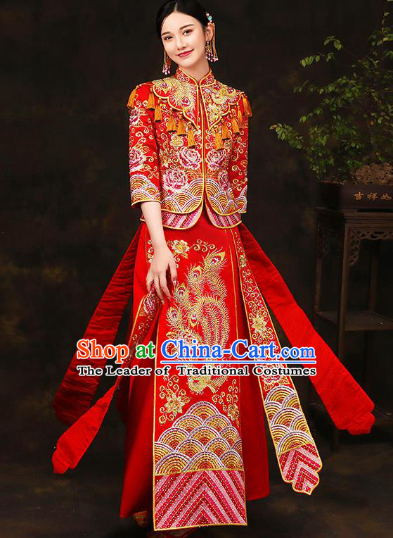 Traditional Chinese Female Wedding Costumes Ancient Embroidered Peony Red Bottom Drawer XiuHe Suit for Bride