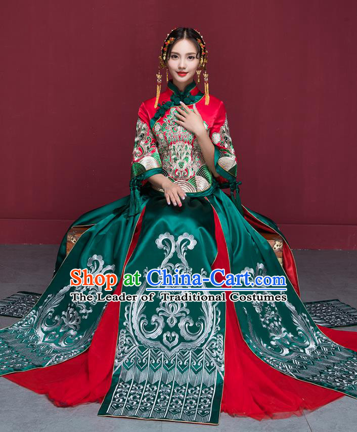 Traditional Chinese Wedding Costumes Green Full Dress Ancient Bottom Drawer Embroidered XiuHe Suit for Bride