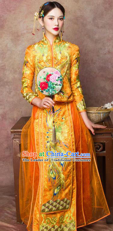 Traditional Chinese Wedding Costumes Embroidered Phoenix Full Dress Yellow XiuHe Suit Ancient Bottom Drawer for Bride