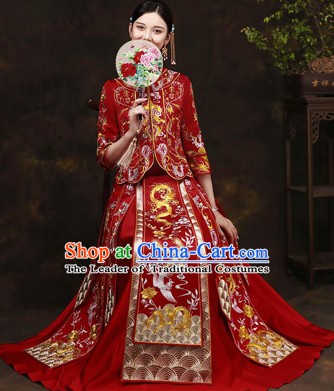 Traditional Chinese Style Female Wedding Costumes Ancient Embroidered Dragon Phoenix Bottom Drawer XiuHe Suit for Bride