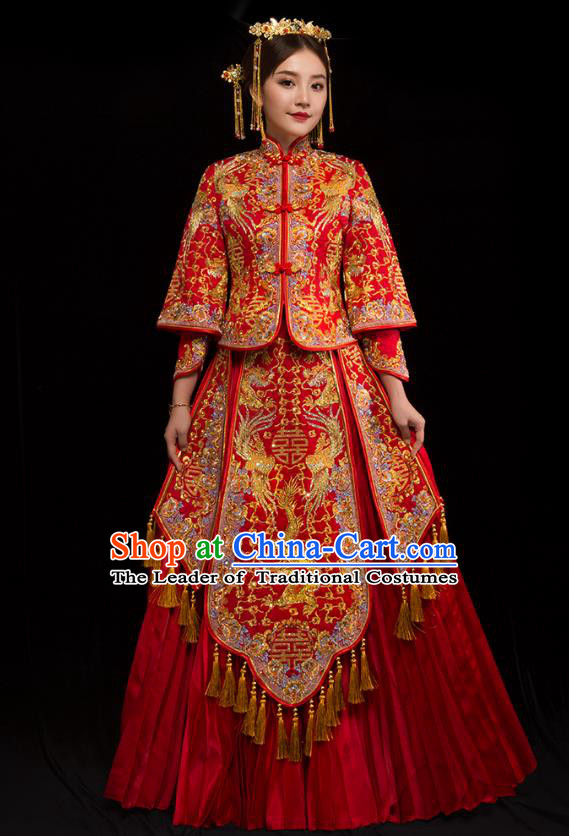 Traditional Chinese XiuHe Suit Wedding Costumes Embroidered Diamante Dragon Phoenix Full Dress Ancient Bottom Drawer for Bride