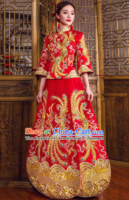 Traditional Chinese Embroidered Phoenix Diamante XiuHe Suit Wedding Costumes Full Dress Ancient Bottom Drawer for Bride